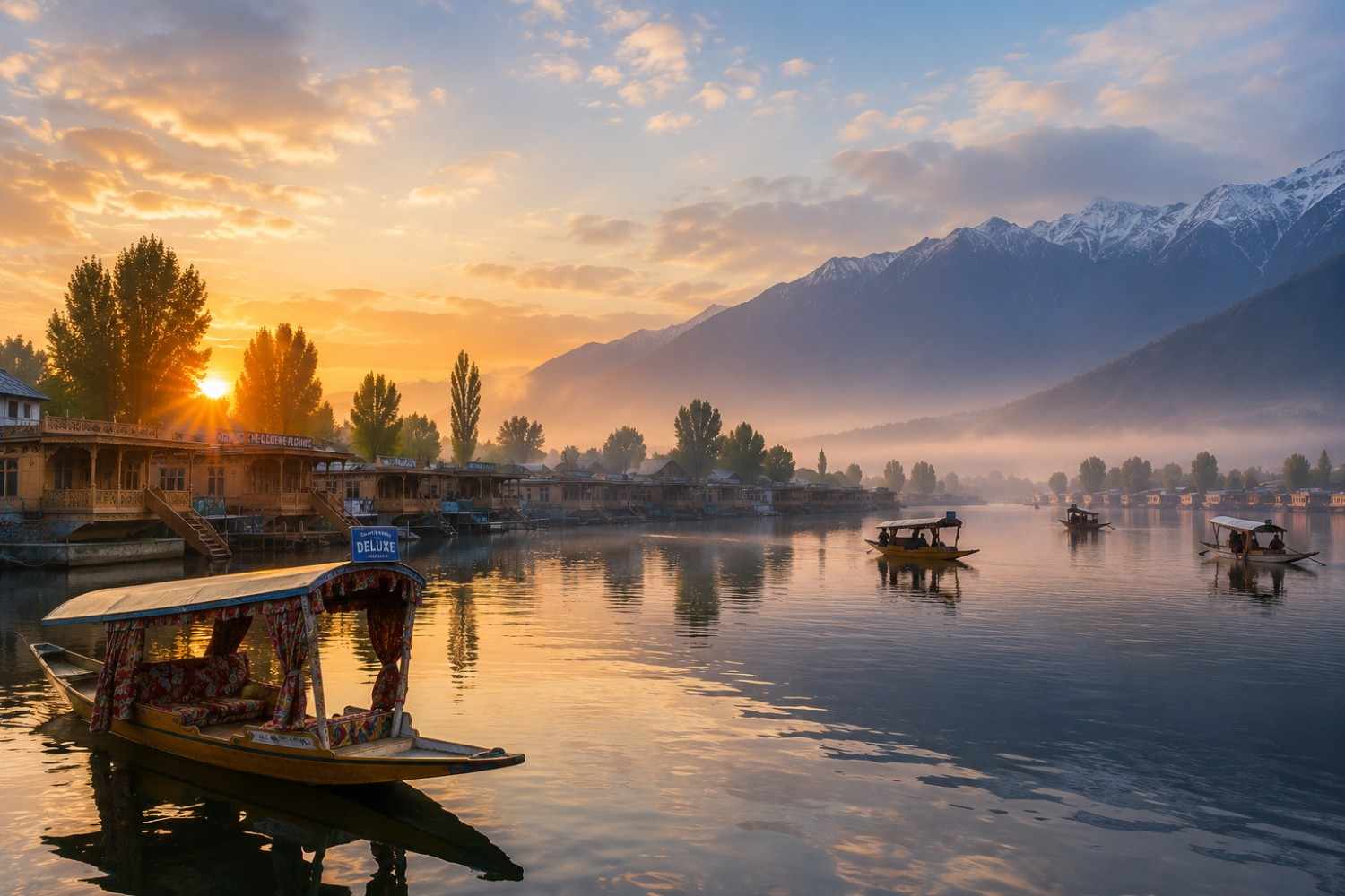 Sunrise over Dal Lake houseboats in Srinagar, Kashmir