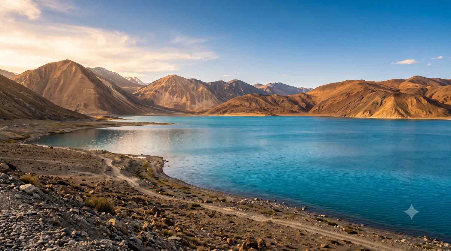 Turquoise waters of Pangong Lake in Leh Ladakh