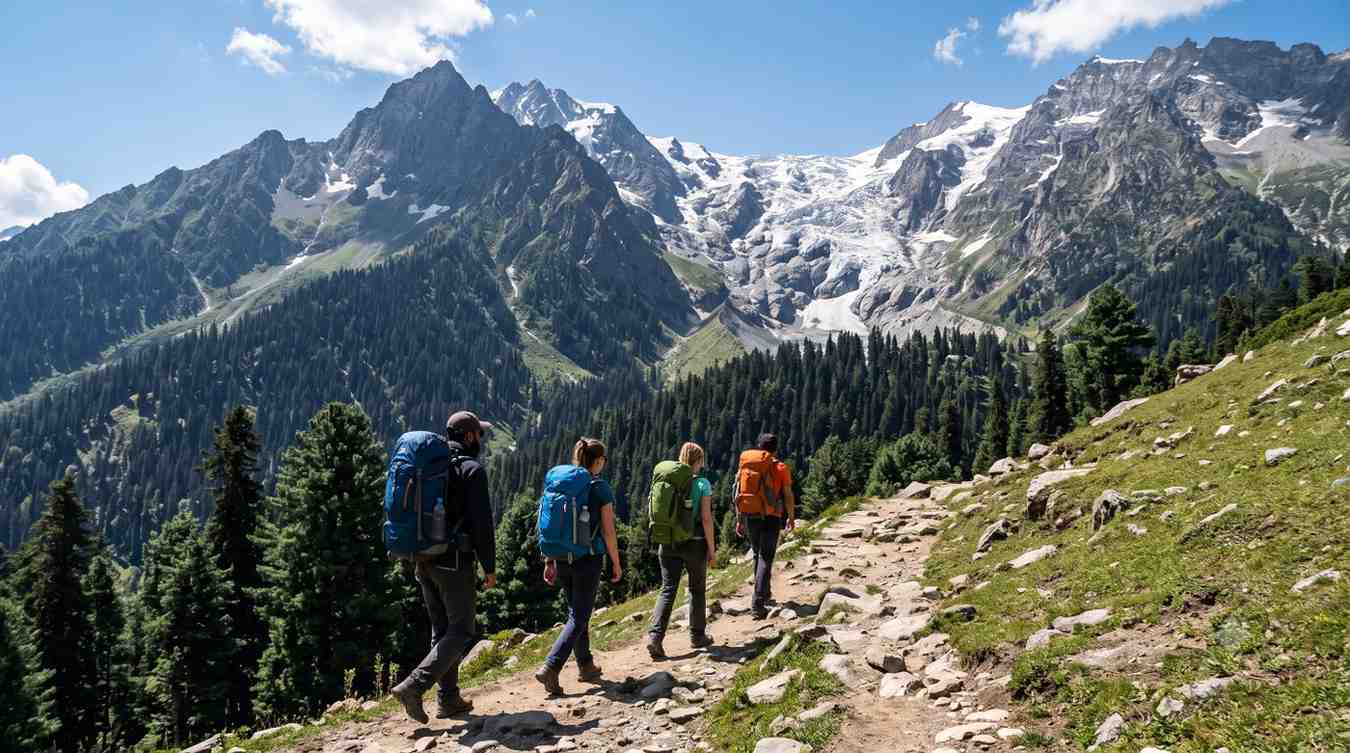 Trekkers hiking near a glacier for the Leh Ladakh Expedition