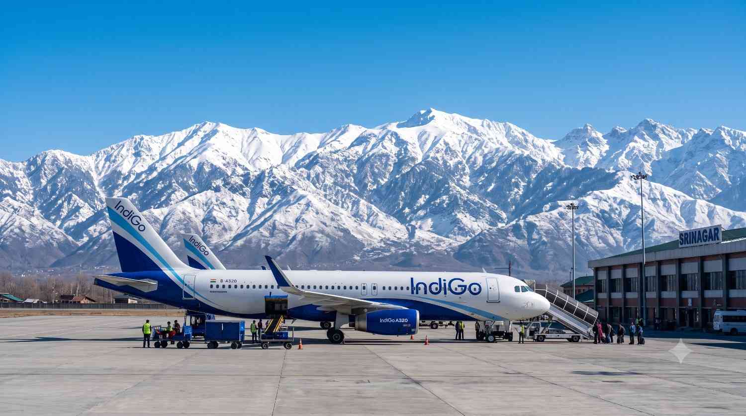 Airplane at Srinagar airport with snow-capped Himalayan mountains