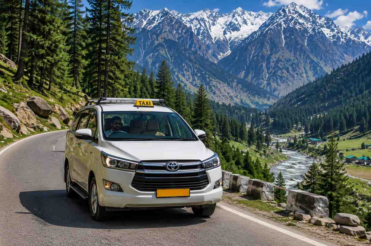 Taxi service driving through scenic Kashmir mountain roads