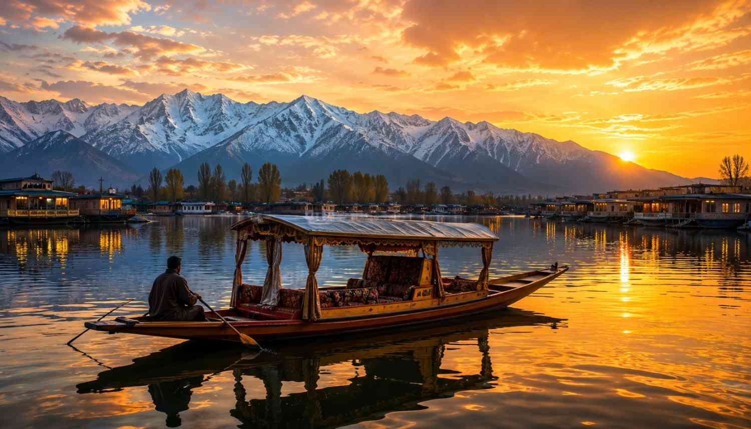 Shikara boat gliding across Dal Lake at sunset in Srinagar, Kashmir