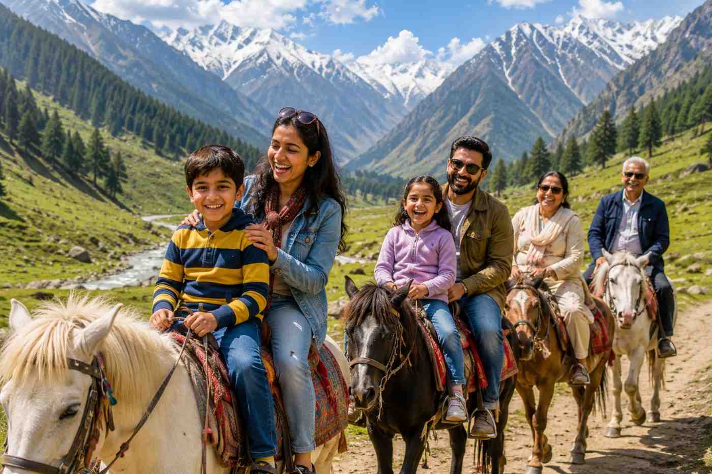 Family enjoying a pony ride in the mountains for Vaishno Devi family package