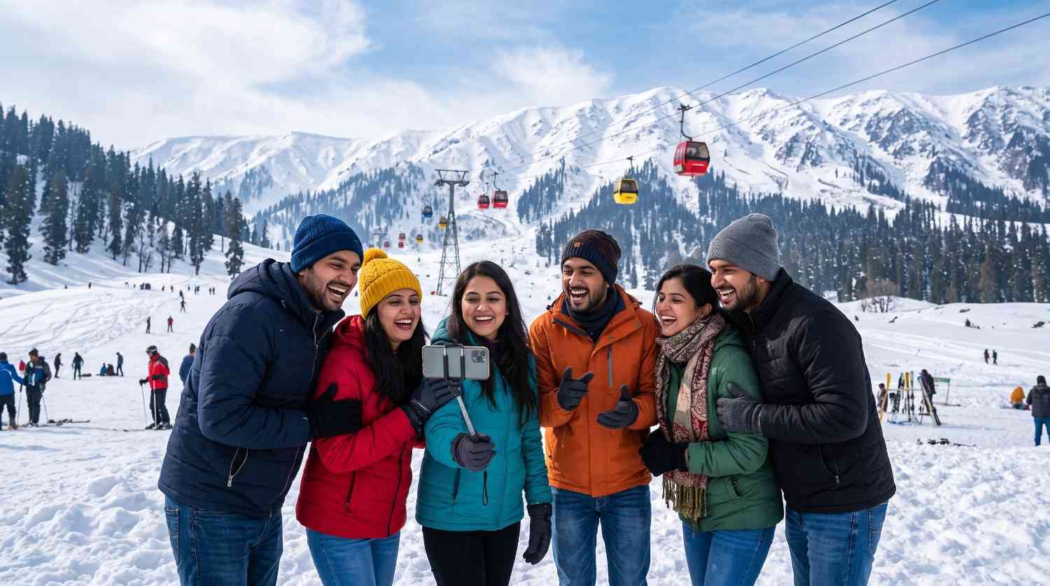 Gulmarg Gondola cable car against snow-capped mountains