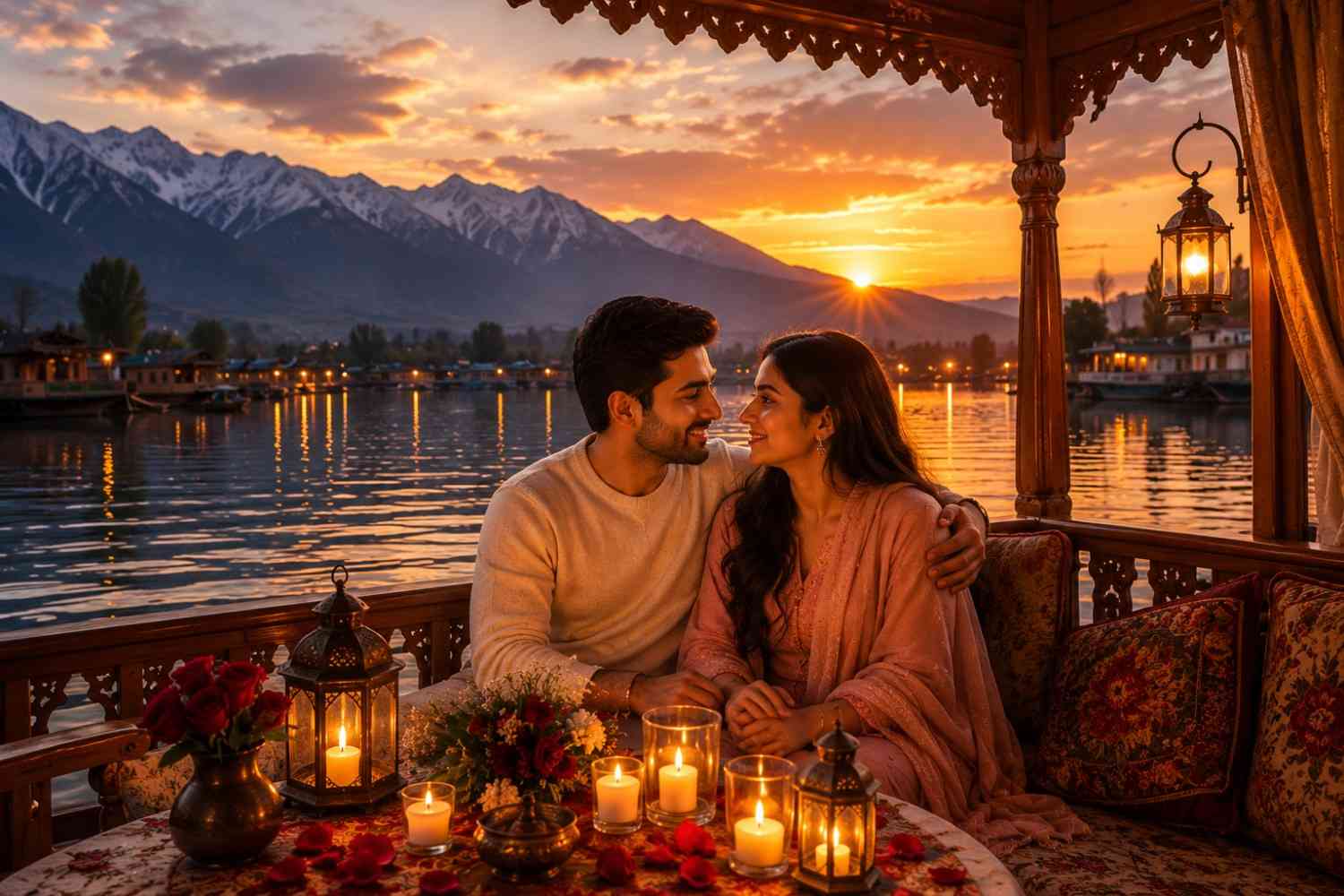 Romantic couple on a candlelit houseboat evening for Kashmir honeymoon package