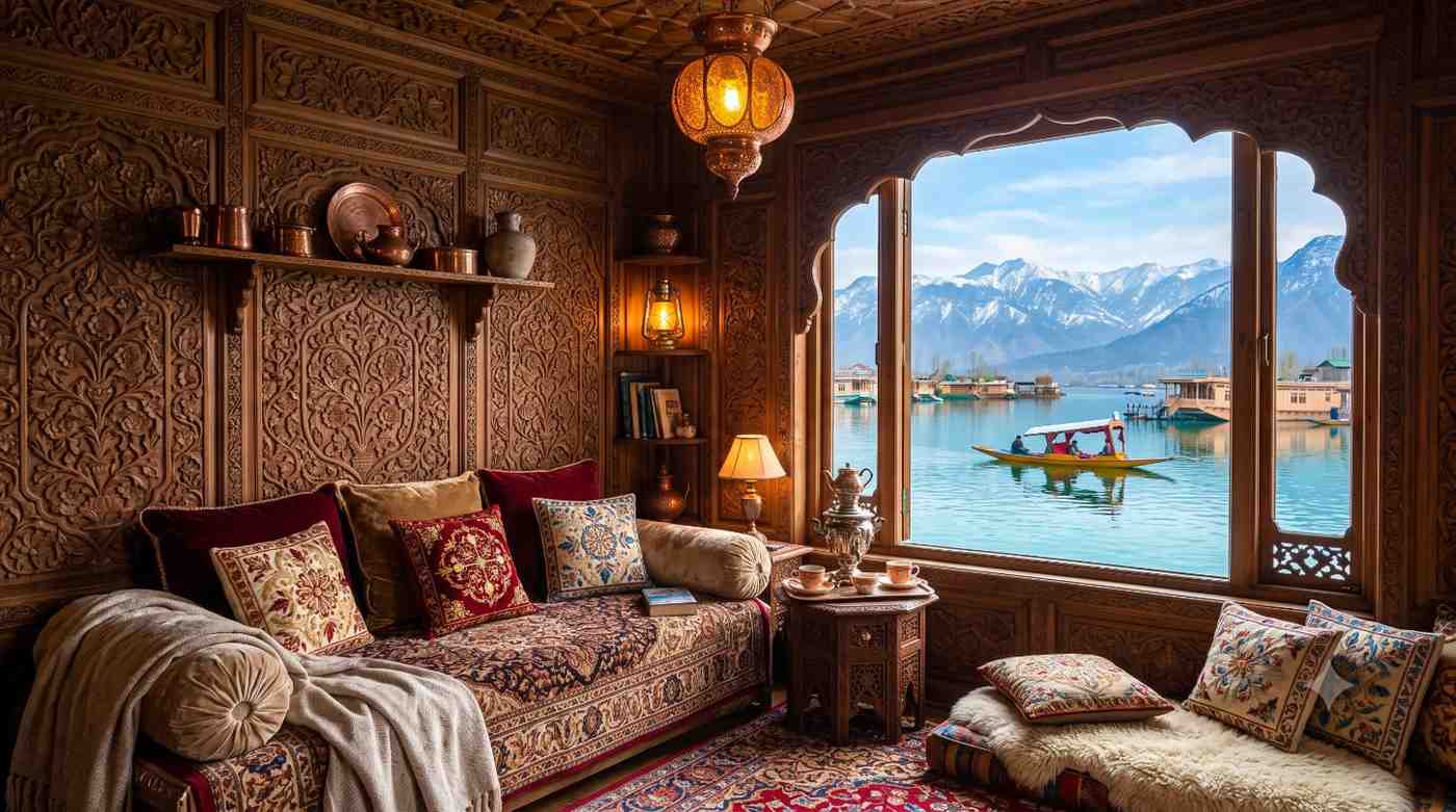 Traditional houseboat docked on Dal Lake, Srinagar